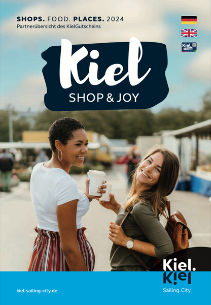 Shop & Joy Cover mit Zwei Frauen mit jeweils einen Kaffeebecher in der Hand auf dem Kieler Wochenmarkt